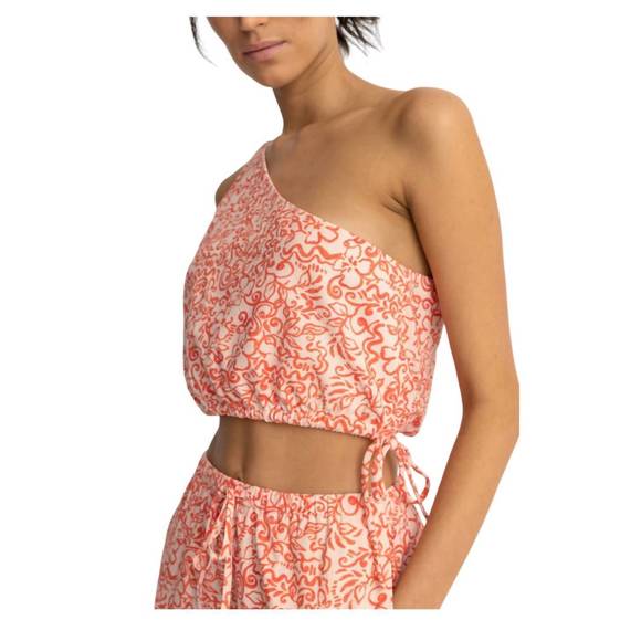 NEW RHYTHM. islander floral one shoulder top in coral - Picture 3 of 3
